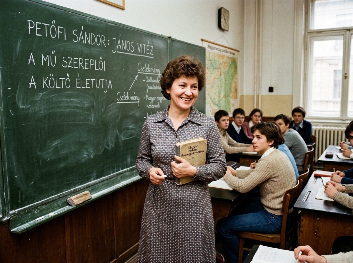 Archív fotó 1985-ből: Nagy Ilona tanárnőként az osztályteremben, a zöld tábla előtt Petőfi verseket magyarázva